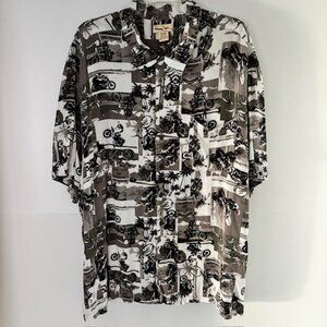 Panama Jack Gray Black White Motorcycle Palm Tree Button Shirt 3XL Resortwear